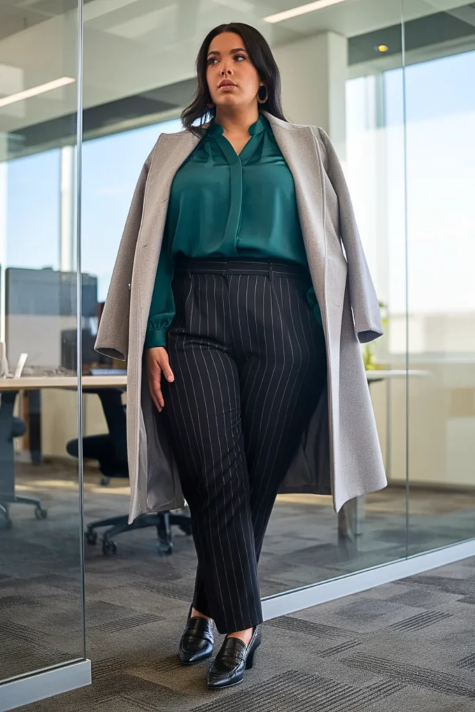 Plus Size Striped Trousers with Solid Blouse and Structured Coat