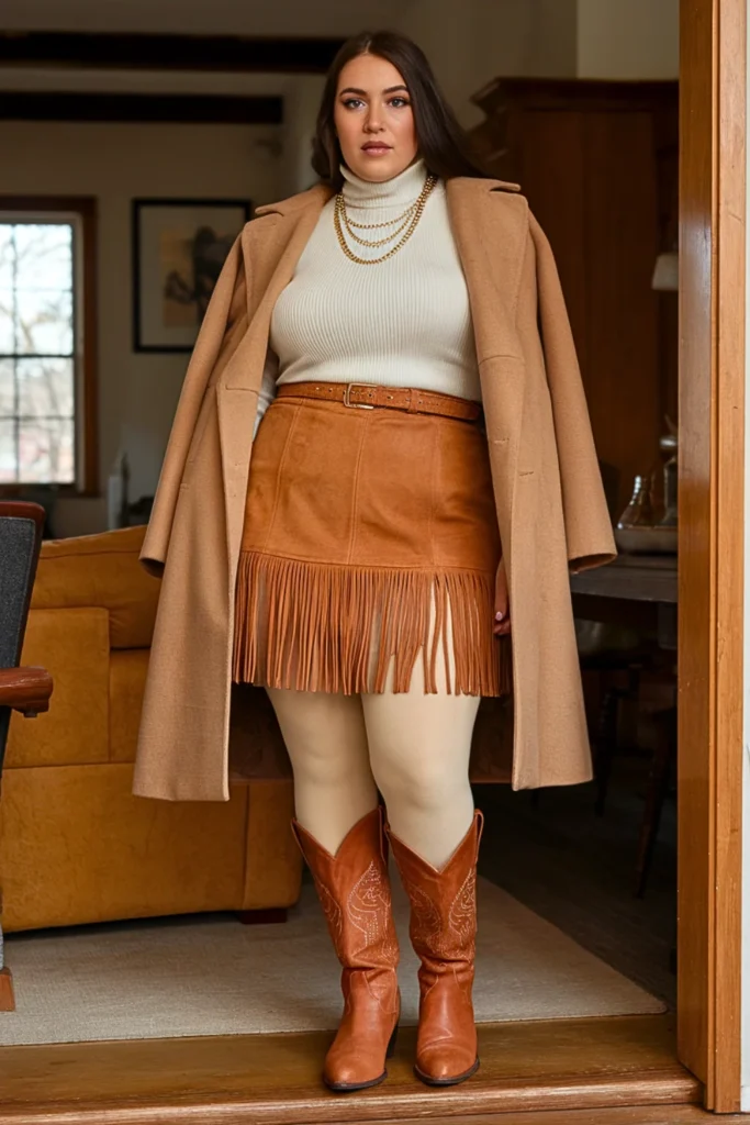 Plus Size Suede Fringe Skirt with Fitted Sweater Winter Ensemble