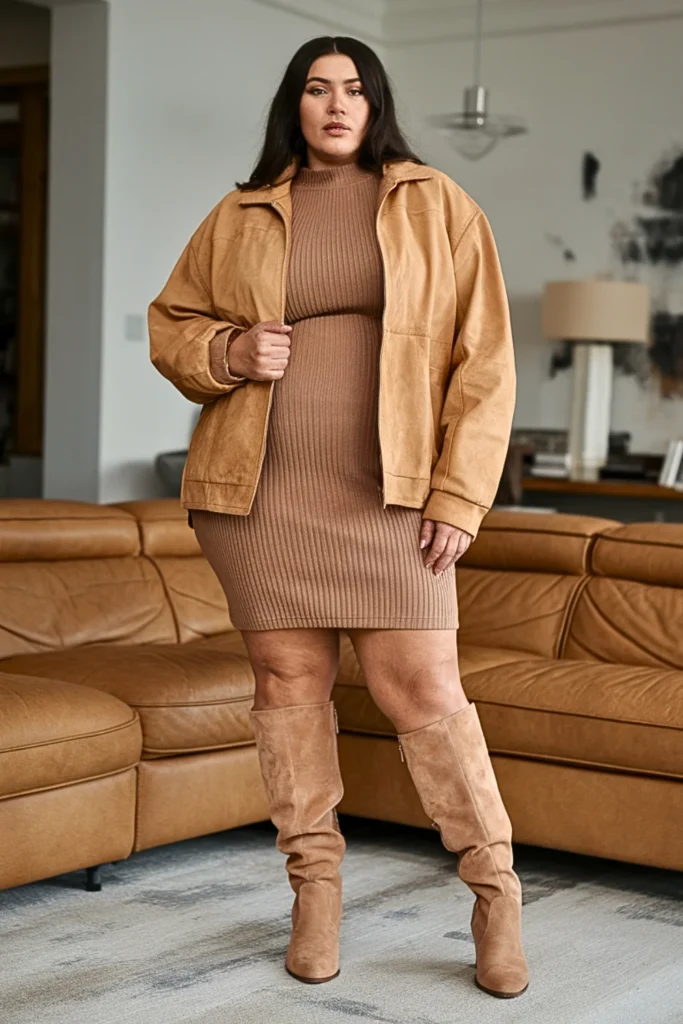 Plus Size Suede Jacket With Knit Dress And Knee Boots Outfit