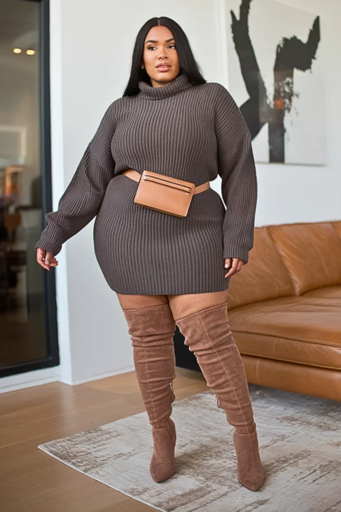 Plus Size Sweater Dress with Thigh High Boots Outfit