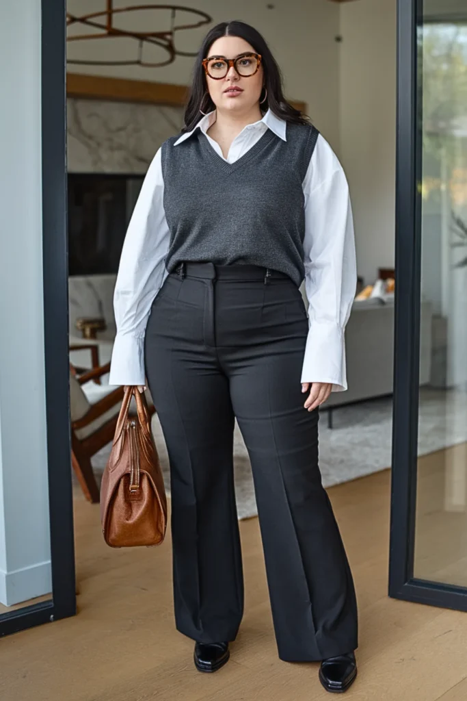 Plus Size Sweater Vest Over Button-Down Winter Outfit