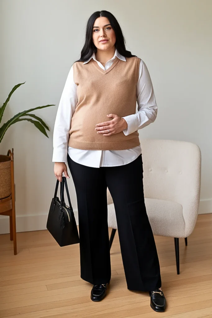 Plus Size Sweater Vest with Button-Down and Pants Outfit