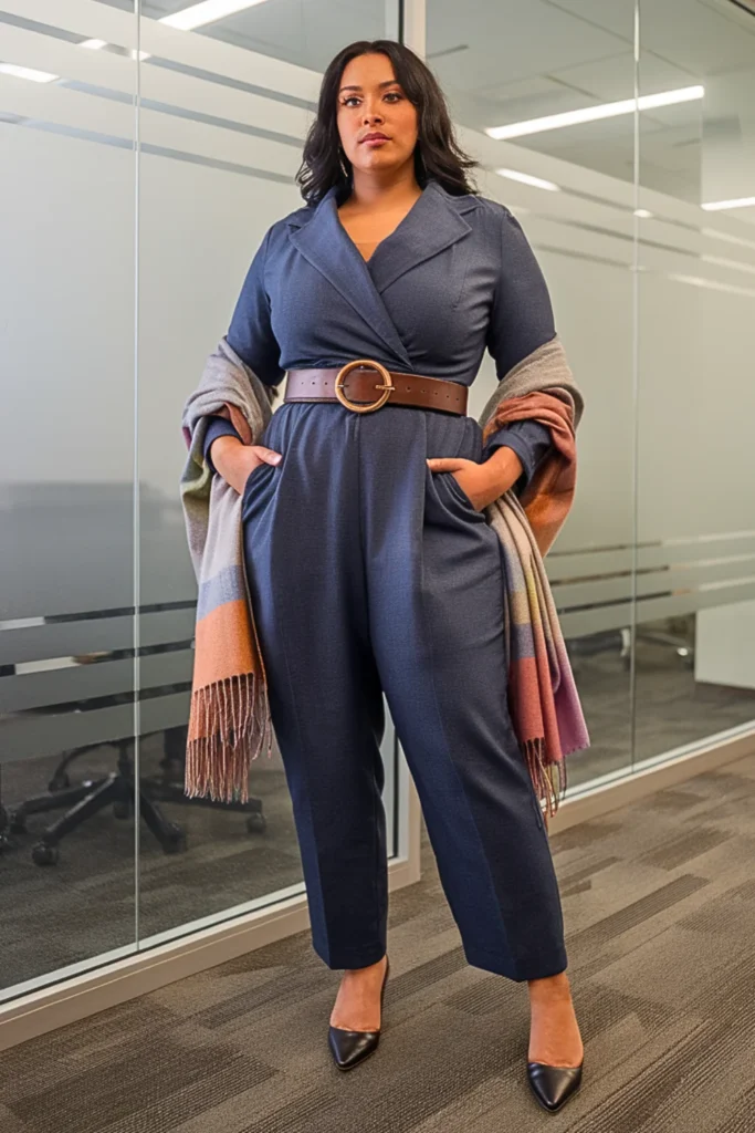 Plus Size Tailored Jumpsuit with Structured Belt and Pointed Flats