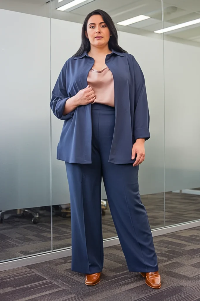 Plus Size Tailored Shirt-Jacket with Matching Trousers and Heeled Loafers