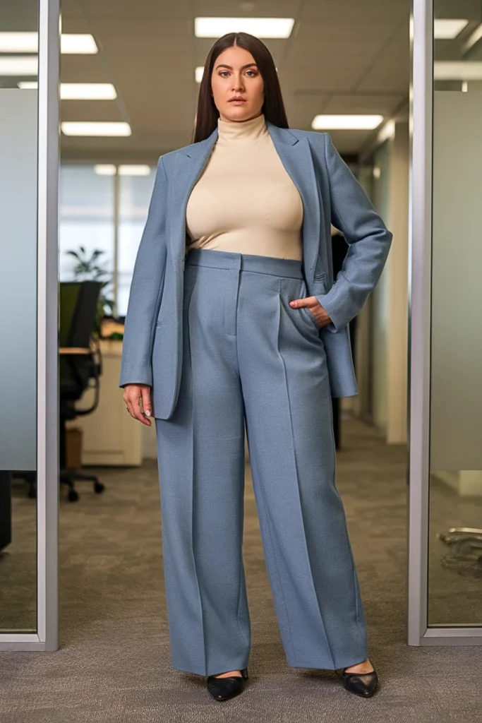 Plus Size Tailored Wool Trousers with Turtleneck and Structured Blazer