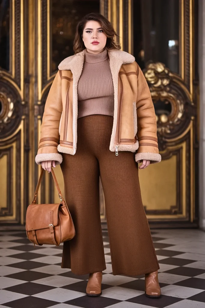 Plus Size Tan Shearling Aviator Jacket with Knit Sweater Outfit