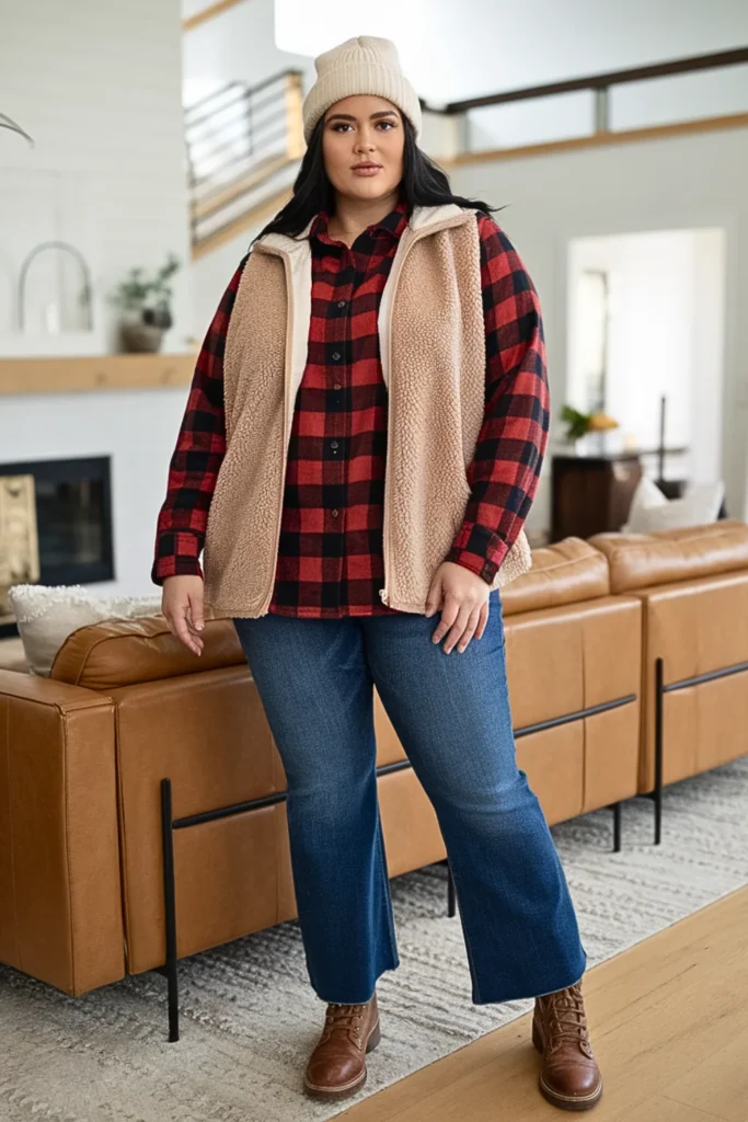 Plus Size Tan Sherpa Vest with Flannel Shirt Outfit