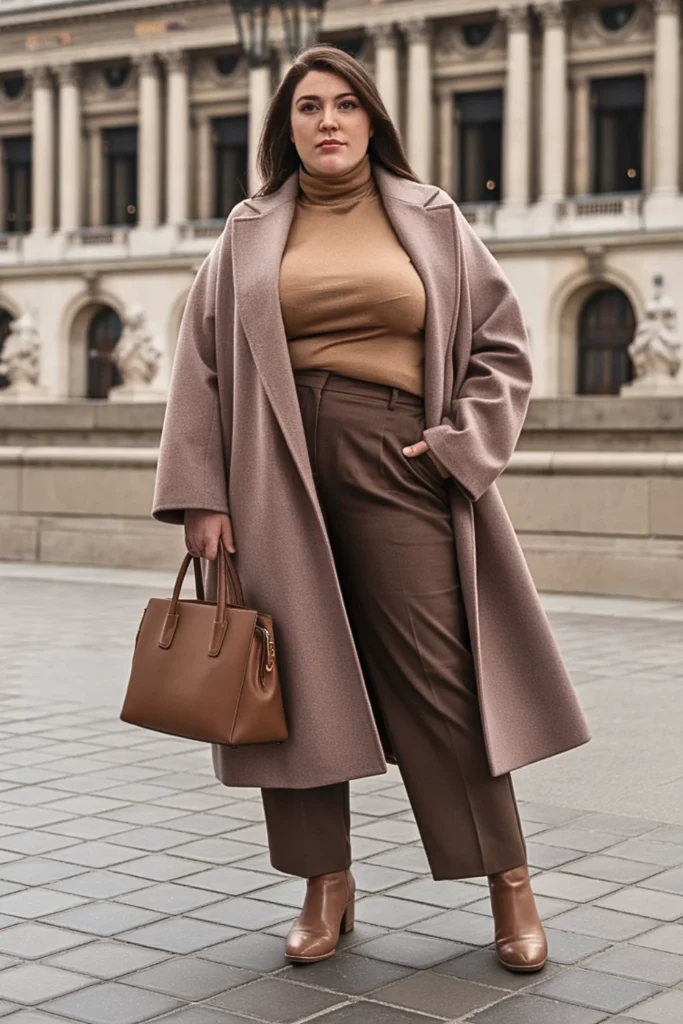Plus Size Taupe Wool Wrap Coat with Tonal Dressing Outfit