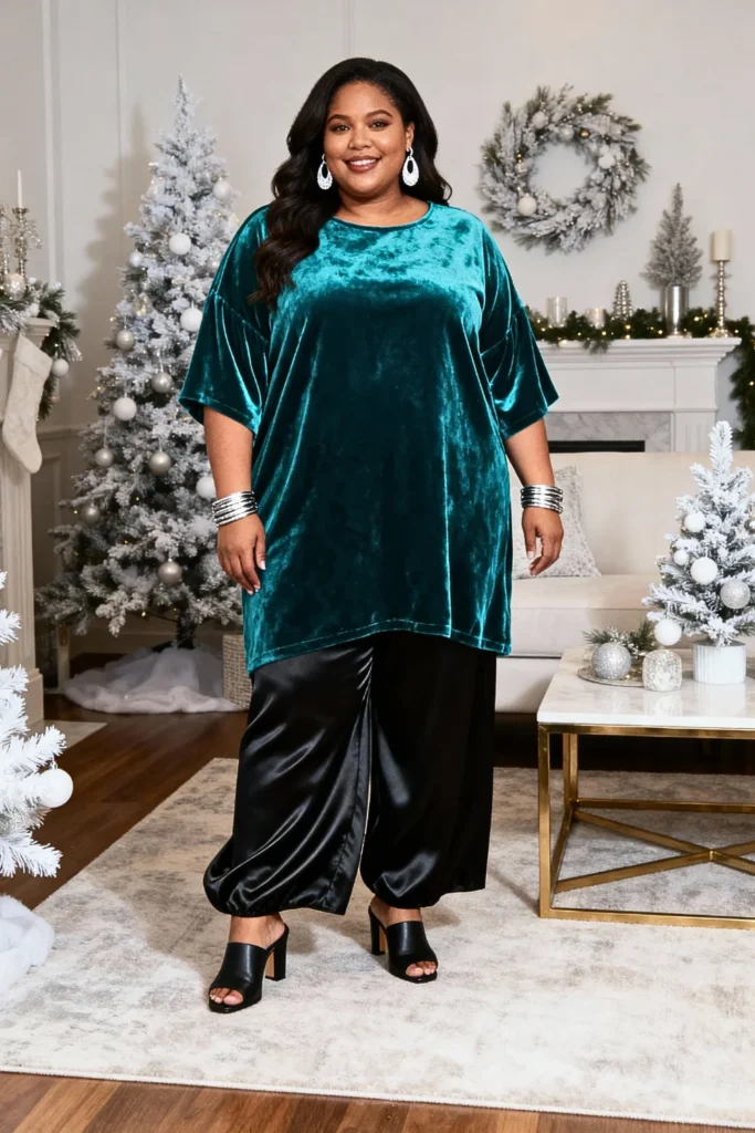 Plus Size Teal Velvet Tunic With Black Satin Palazzo Pants Outfit