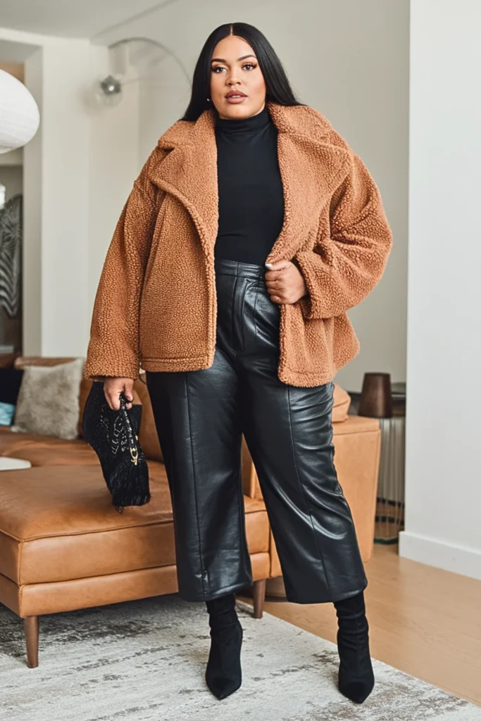 Plus Size Teddy Coat With Turtleneck And Faux Leather Pants Outfit
