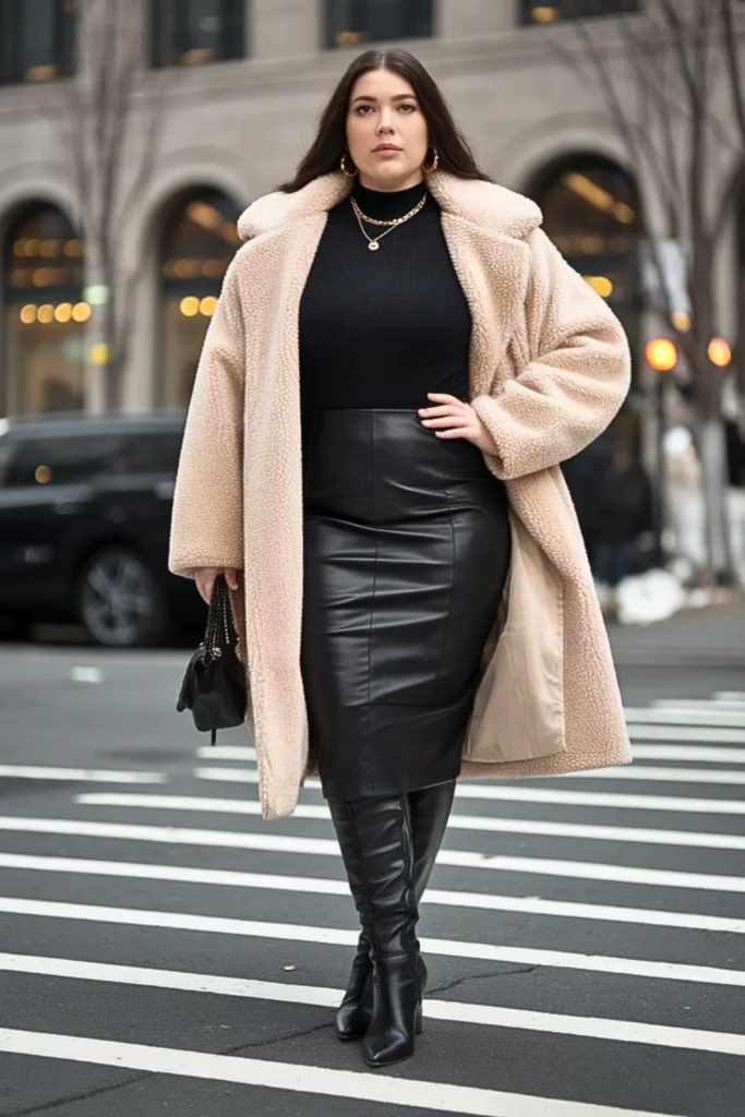 Plus Size Teddy Coat with Leather Accents Winter Outfit
