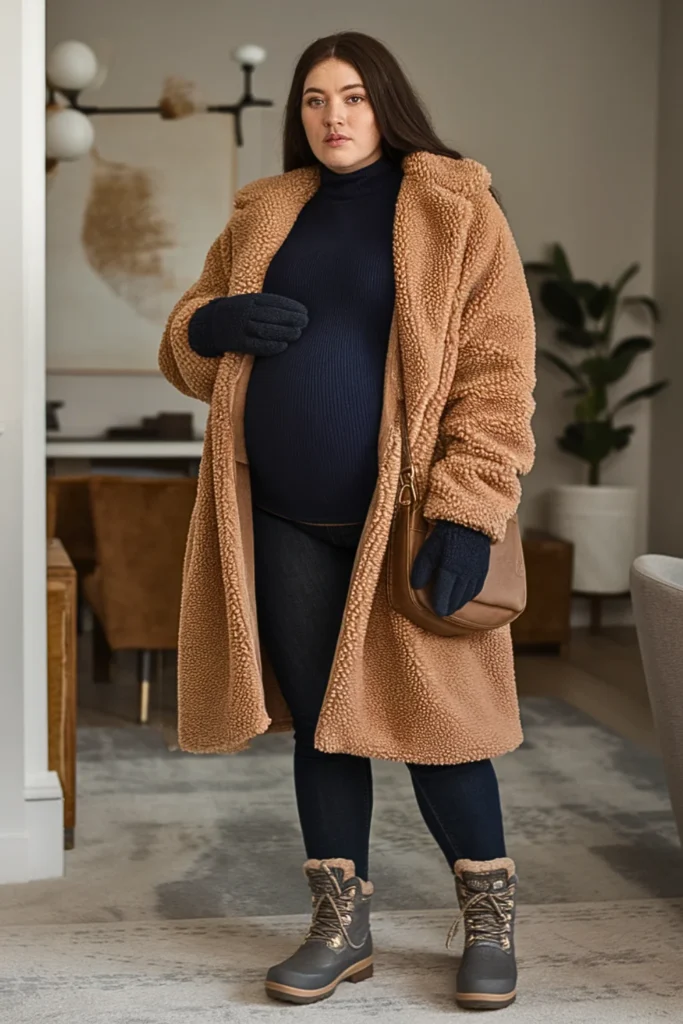 Plus Size Teddy Coat with Sweater and Jeans Outfit
