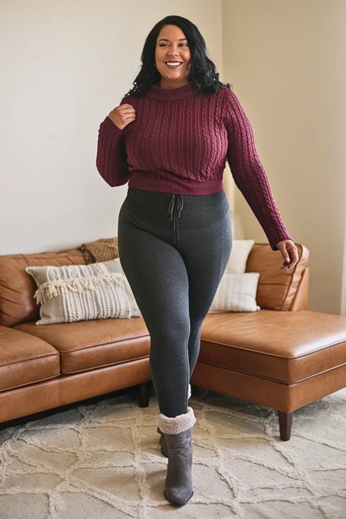 Plus Size Textured Knit Top with Insulated Leggings Outfit