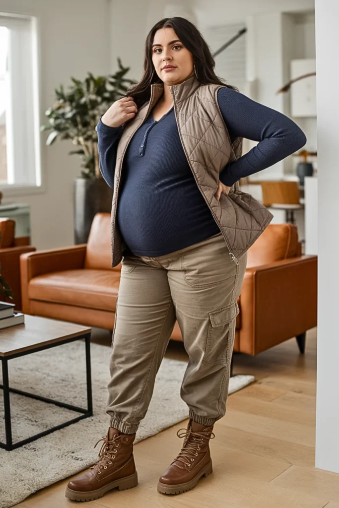 Plus Size Thermal Henley with Cargo Maternity Pants Outfit