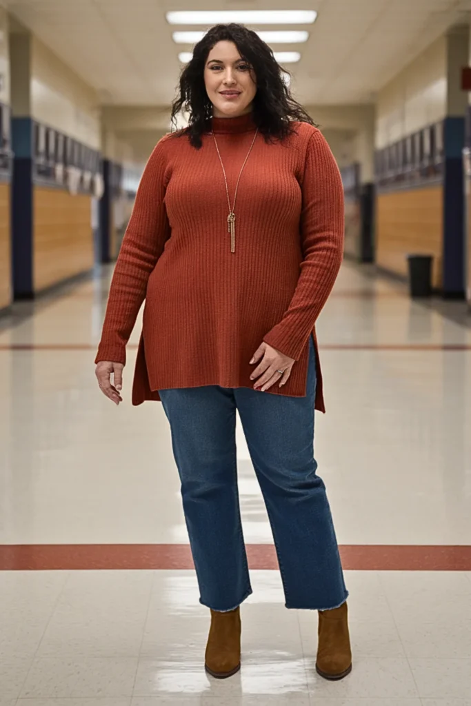 Plus Size Tunic Sweater and Straight Leg Jean Outfit