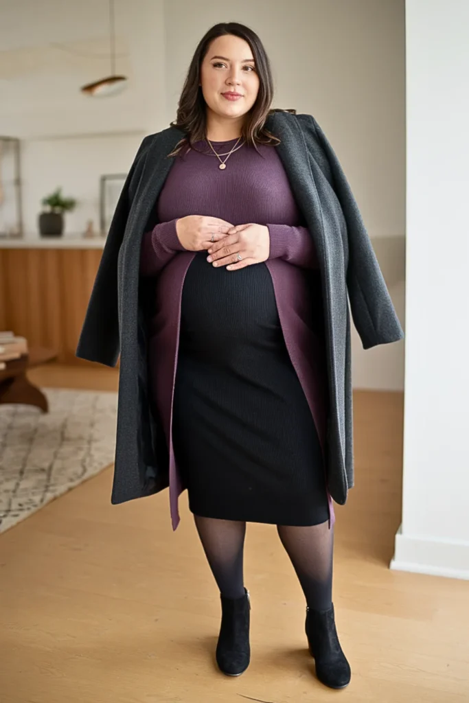 Plus Size Tunic Sweater with Skirt and Tights Outfit