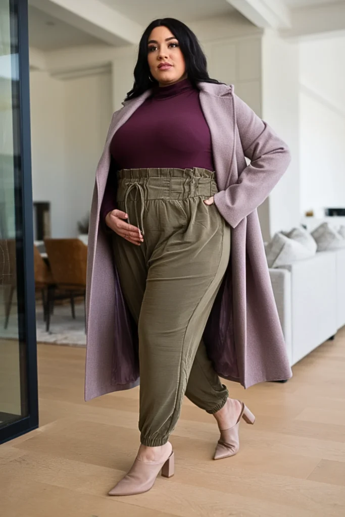 Plus Size Turtleneck Bodysuit with Paper Bag Pants Outfit