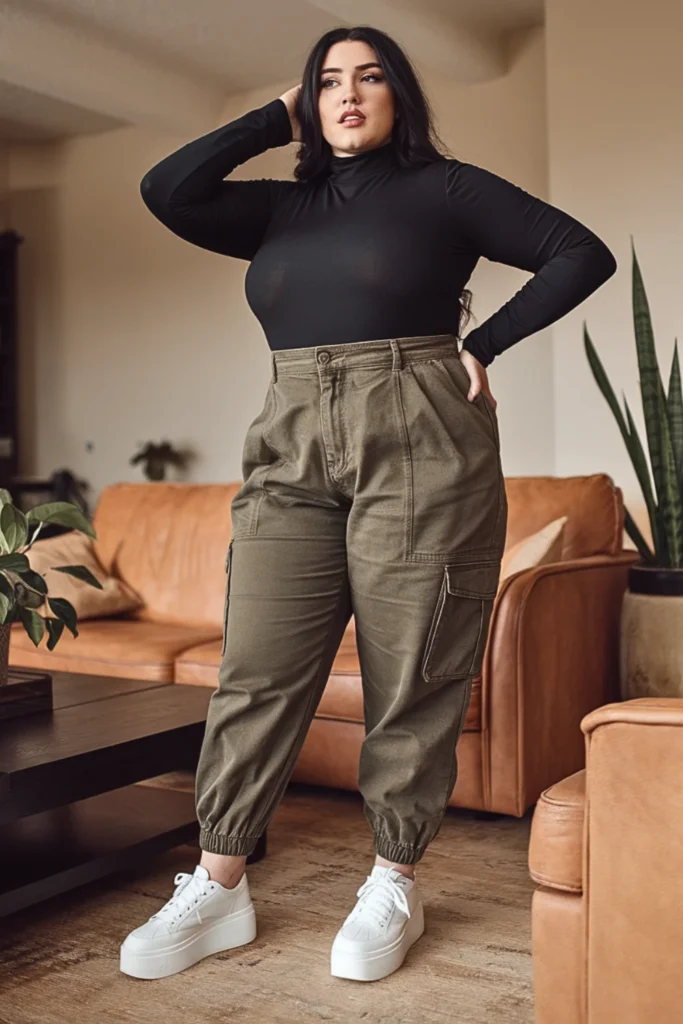 Plus Size Turtleneck Bodysuit with Utility Pants Outfit