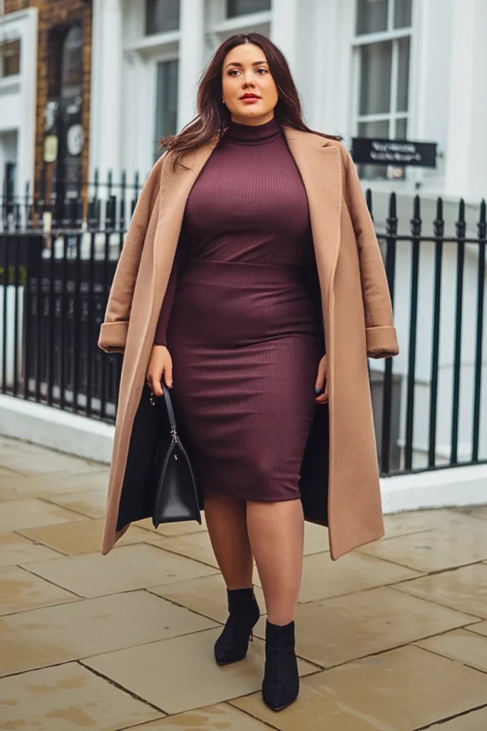 Plus Size Turtleneck Dress with Coat Outfit