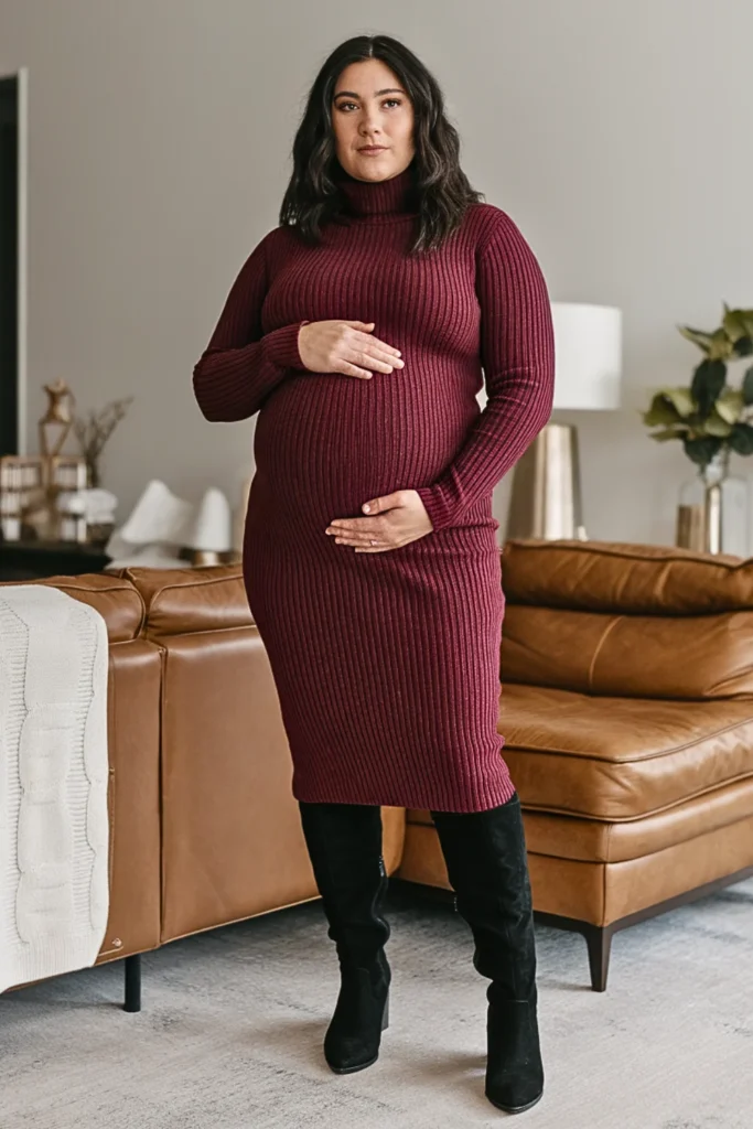 Plus Size Turtleneck Sweater Dress with Knee-High Boots Outfit