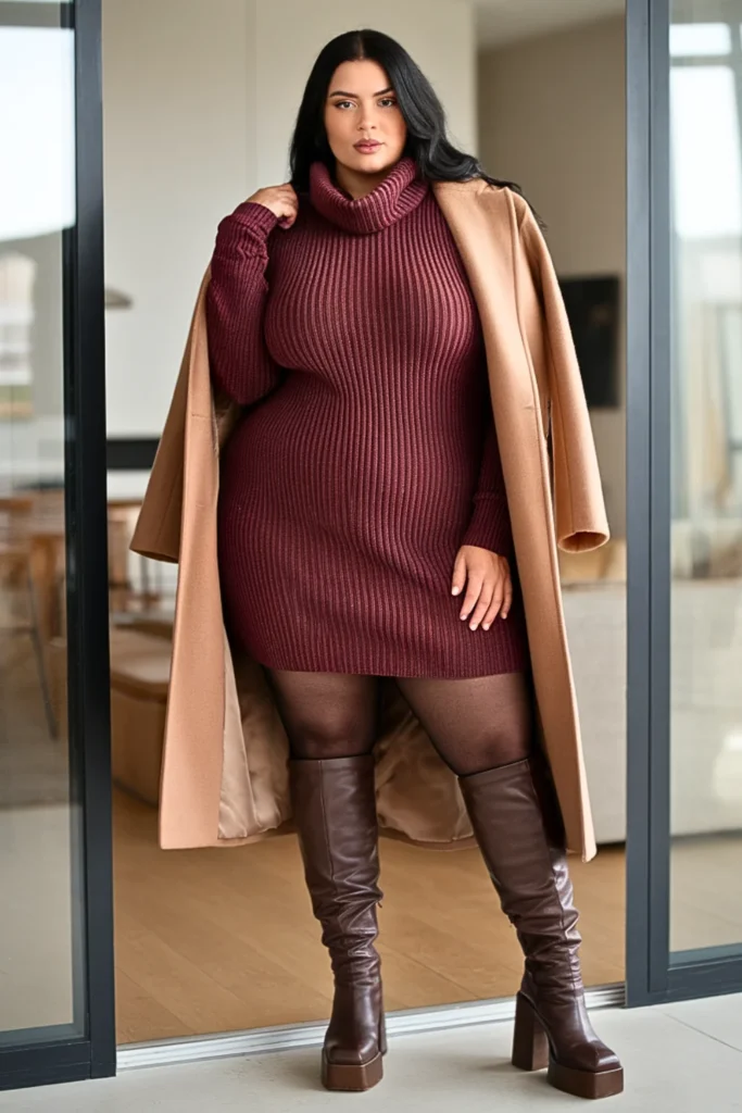 Plus Size Turtleneck Sweater Dress with Knee-High Boots Winter Outfit