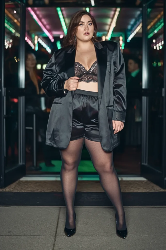 Plus Size Tuxedo Blazer With Satin Shorts Outfit