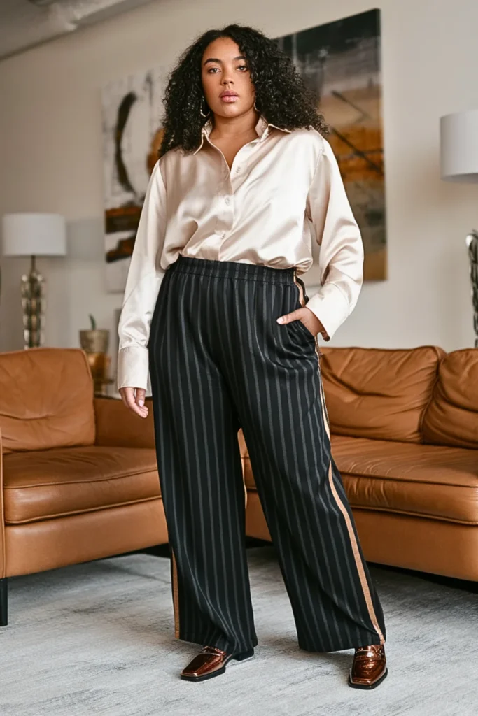 Plus Size Tuxedo Stripe Pants with Silk Blouse Outfit