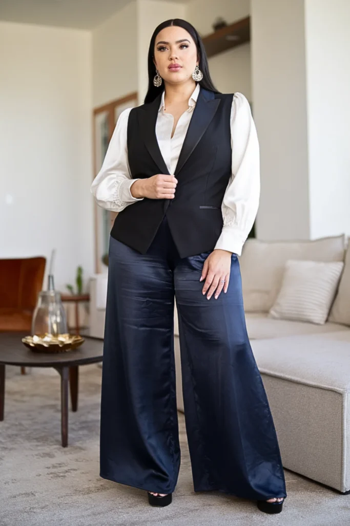 Plus Size Tuxedo Vest and Satin Palazzo Pants Winter Outfit
