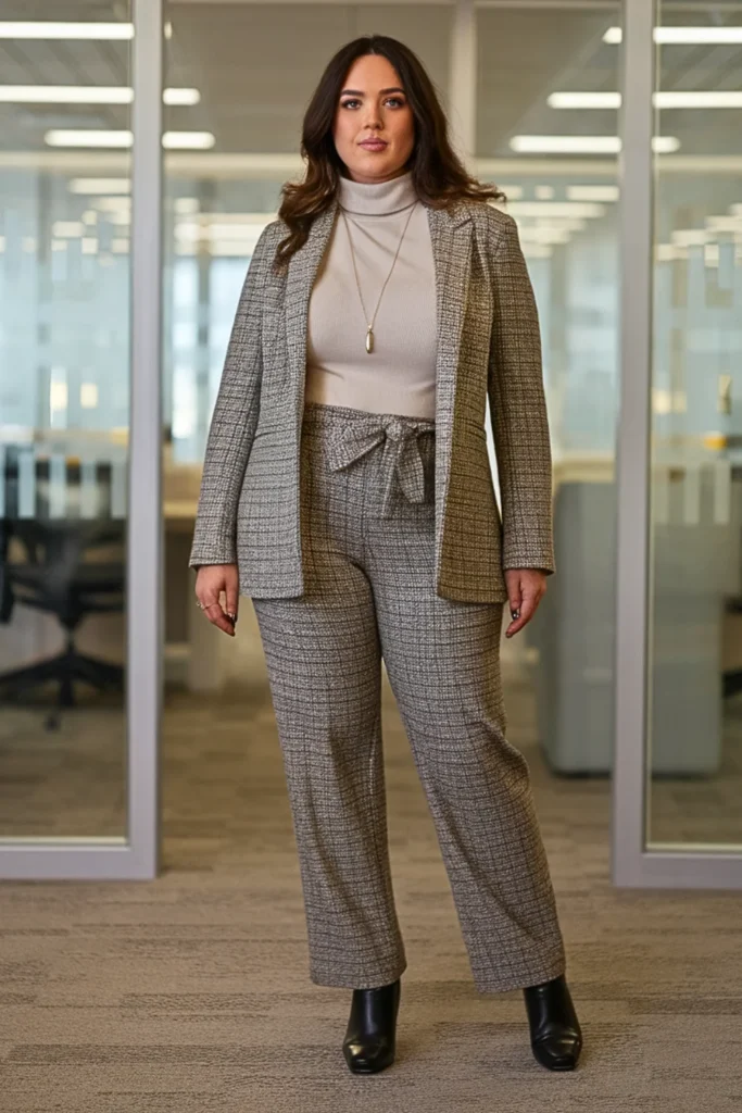 Plus Size Tweed Trousers with Cashmere Turtleneck and Pendant Necklace