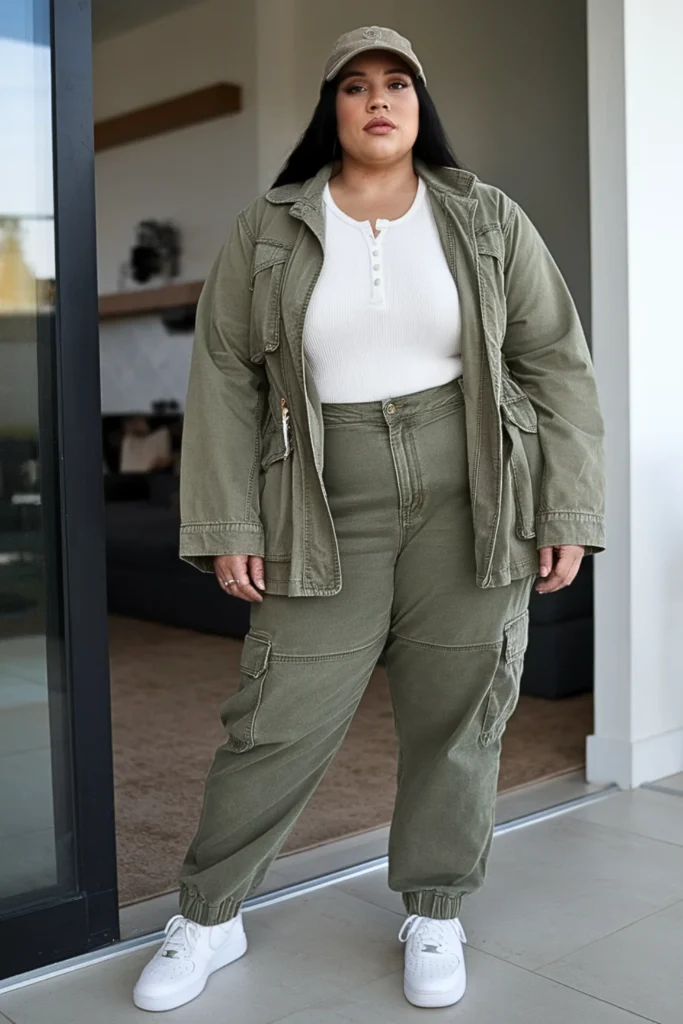 Plus Size Utility Jacket with Henley and Cargo Pants Winter Outfit