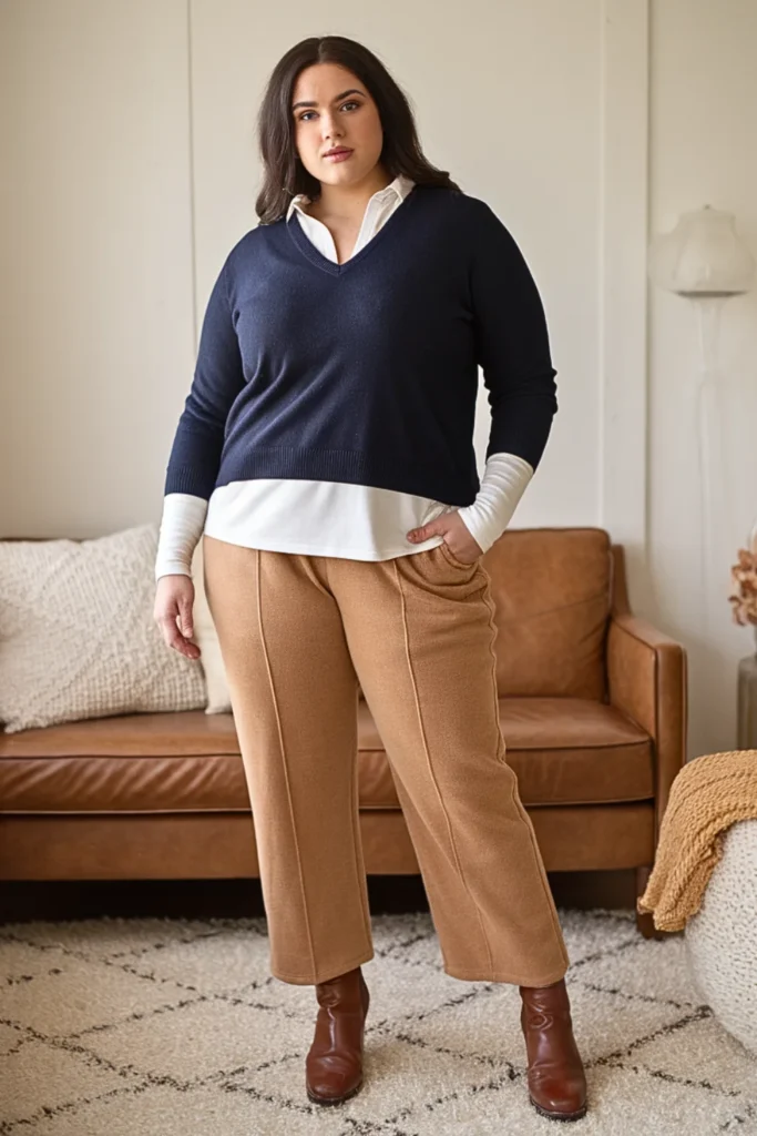 Plus Size V-Neck Sweater with Sherpa Lined Pants Outfit