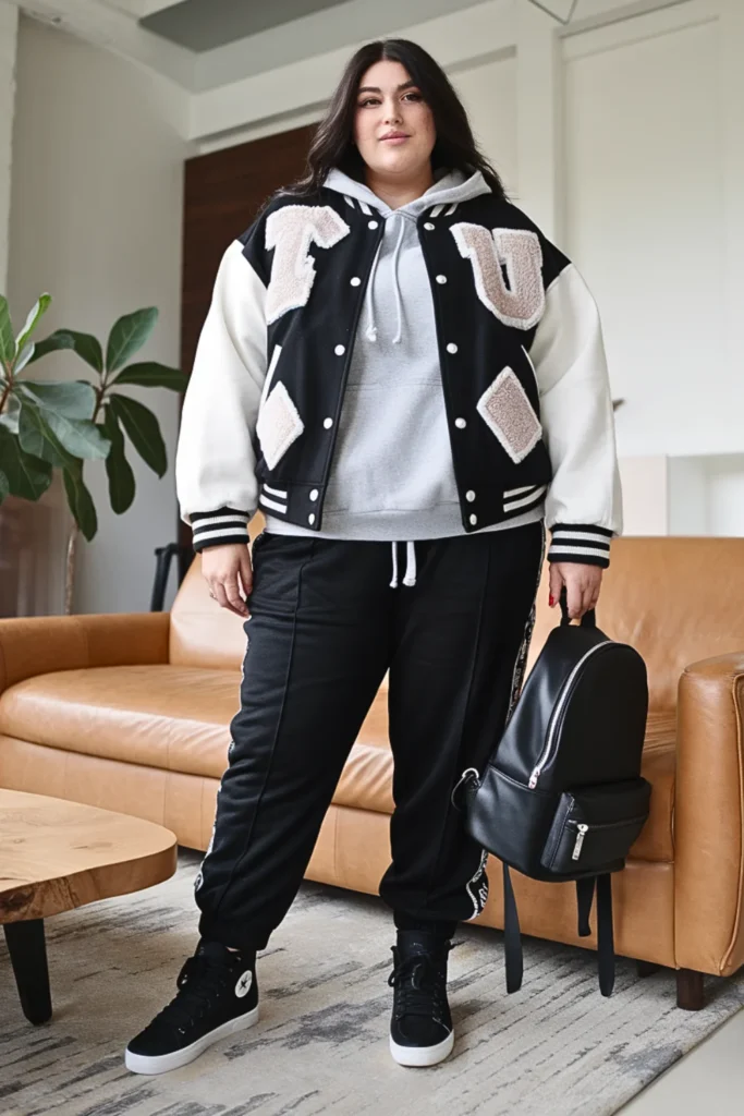 Plus Size Varsity Jacket with Hoodie Layering Winter Outfit