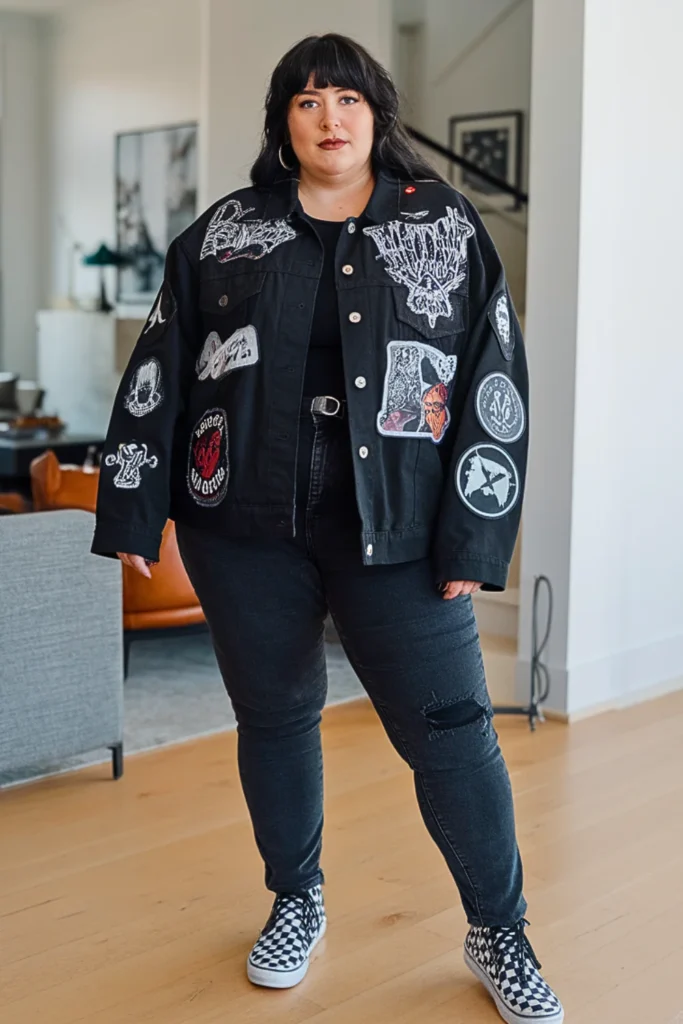 Plus Size Velcro Patches Jacket With Jeans Goth Outfit