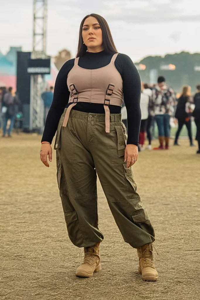 Plus Size Velcro Strap Top with Utility Pants EDM Look
