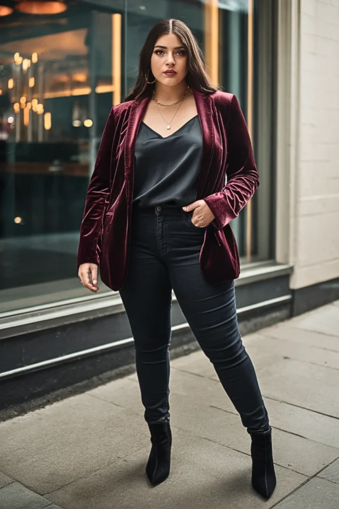 Plus Size Velvet Blazer With Skinny Jeans Outfit