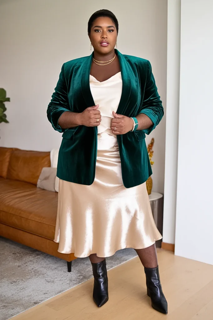 Plus Size Velvet Blazer and Satin Midi Skirt Winter Outfit