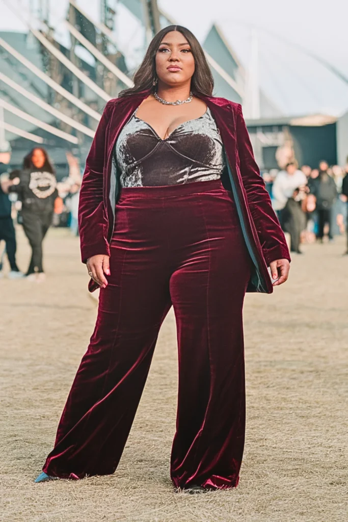 Plus Size Velvet Bodysuit with Wide-Leg Pants EDM Look