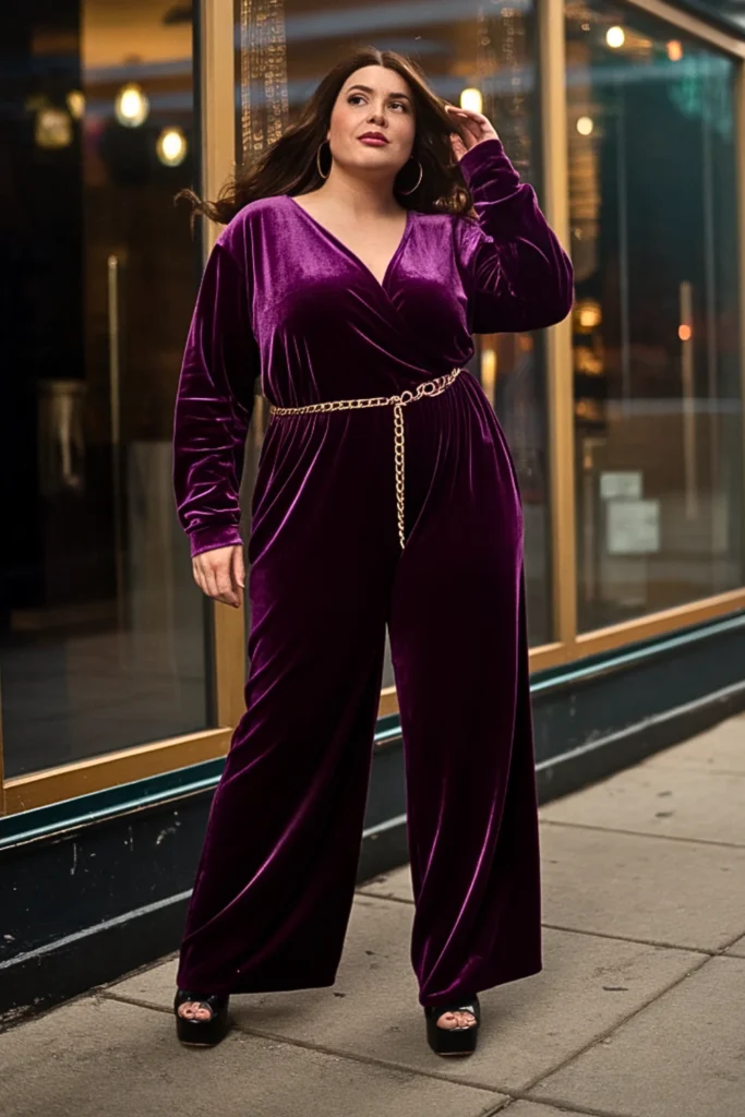 Plus Size Velvet Jumpsuit With Statement Belt Outfit