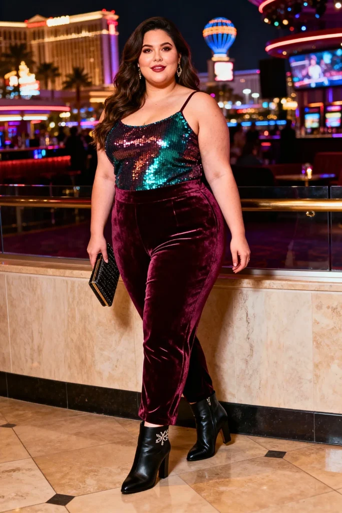Plus Size Velvet Pants with Fitted Sequin Camisole and Structured Clutch Outfit