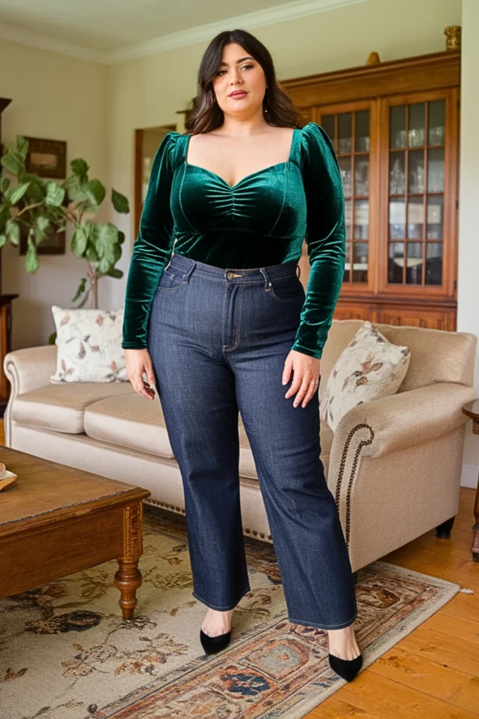 Plus Size Velvet Top with High-Waisted Jeans