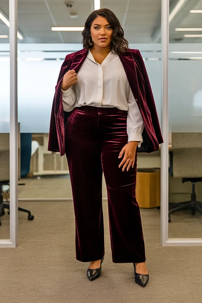 Plus Size Velvet Trousers with Crisp Button-Up and Tailored Jacket