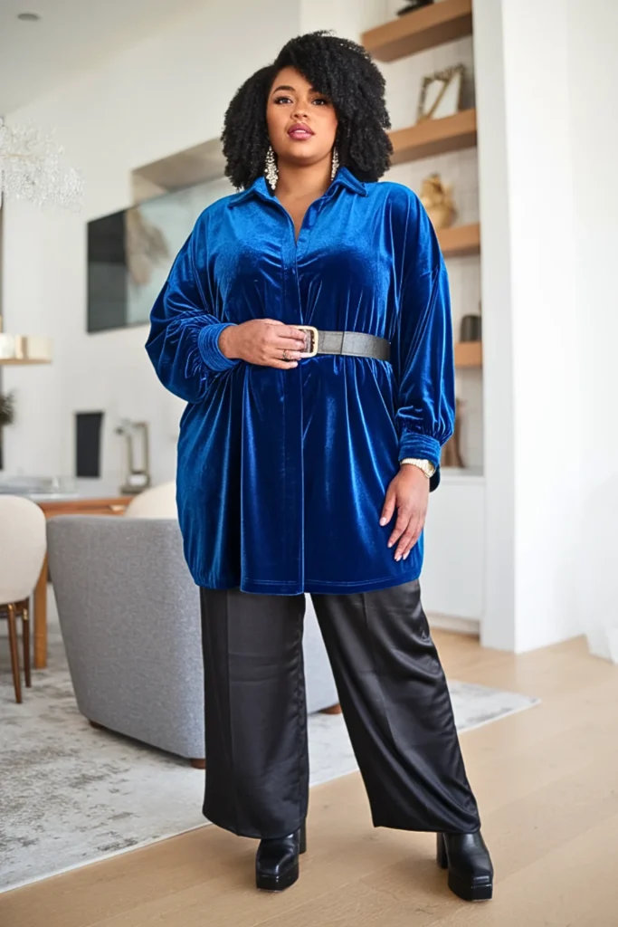 Plus Size Velvet Tunic and Satin Straight Leg Pants Winter Outfit