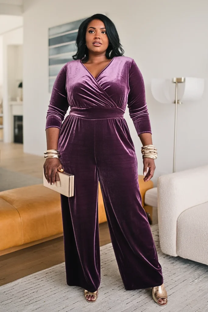Plus Size Velvet Wide Leg Jumpsuit Winter Outfit