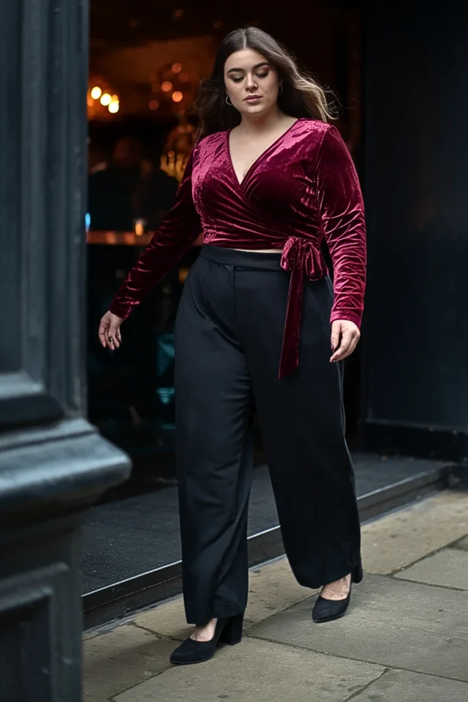 Plus Size Velvet Wrap Top With Wide Leg Trousers Outfit