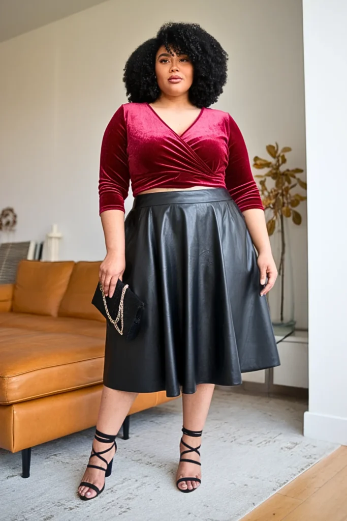 Plus Size Velvet Wrap Top and Faux Leather Midi Skirt Winter Outfit