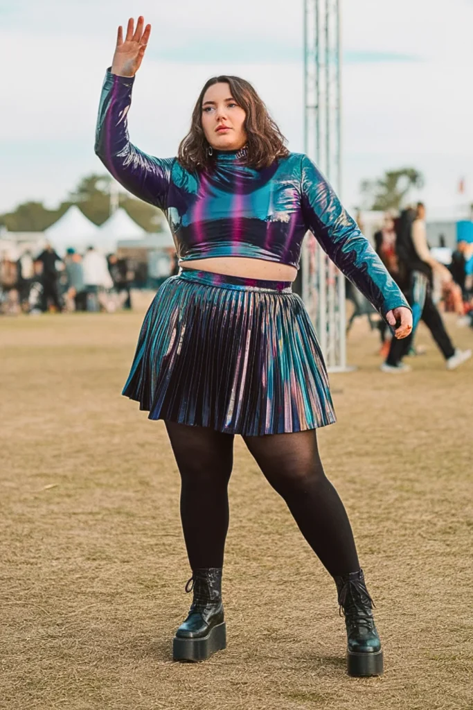 Plus Size Vinyl Crop Top with Pleated Skirt Winter Rave
