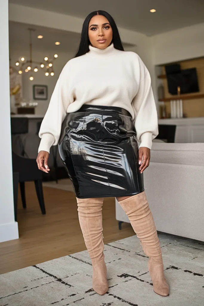Plus Size Vinyl Pencil Skirt and Cashmere Sweater Outfit