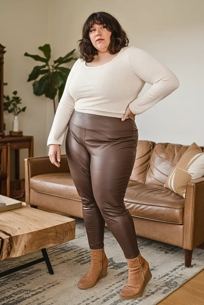 Plus Size Waffle Knit Top with Faux Leather Leggings Outfit