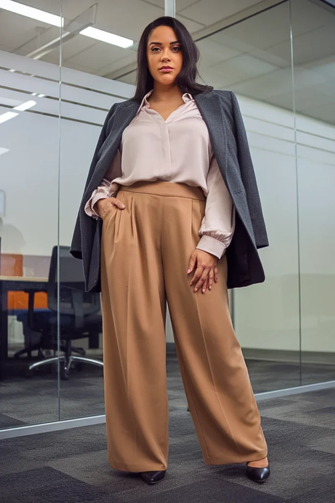 Plus Size Wide-Leg Trousers with Silk Blouse and Oversized Blazer
