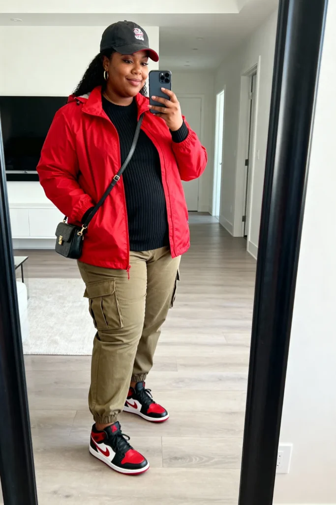 Plus Size Windbreaker with Cargo Pants Streetwear Active Outfit